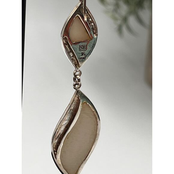 Samuel Benham Signed Designer Sterling Silver Mother of Pearl Two Drop Earring - Picture 7 of 8